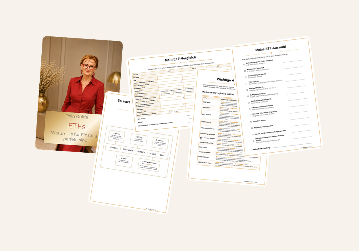 Mockup der fünf Begleitmaterialien zum Mini-Kurs: ETF-Guide, Übersicht zu wichtigen Aktienindizes, Erklärung zum ETF-Namen, Checkliste zur ETF-Auswahl und Arbeitsblatt zum ETF-Vergleich