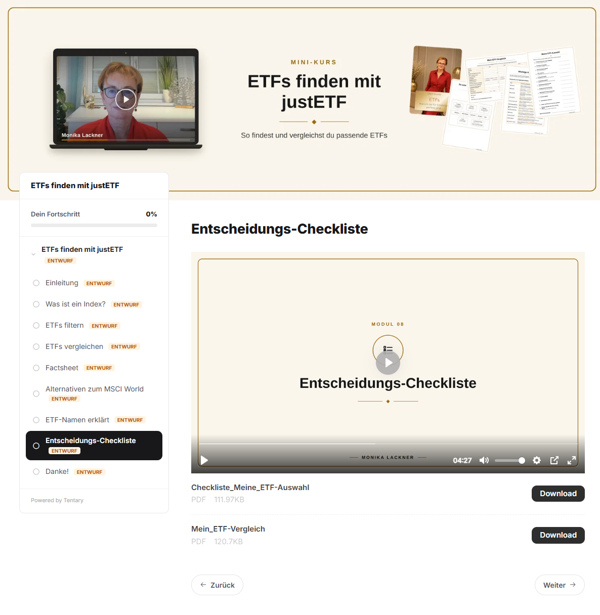 Screenshot einer Kurslektion mit Kursnavigation und Video zum Filtern von ETFs auf justETF